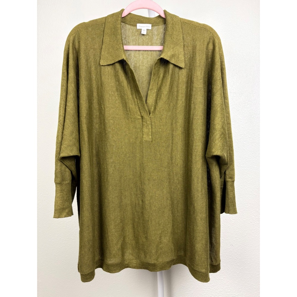 Garnet Hill Olive Green 100% Linen Knit Oversized V-Neck Sheer Sweater XL